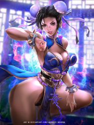 Rule 34 | 1girl, alternate costume, aura, bare shoulders, black hair, black nails, black panties, blurry, blurry background, bracelet, breasts, brown eyes, capcom, chinese clothes, chun-li, cleavage, clenched hand, commentary, double bun, earrings, emerald-weapon, fingernails, hair ornament, indoors, jewelry, large breasts, lips, looking at viewer, nail polish, panties, parted lips, pelvic curtain, simple background, sleeveless, smile, solo, spiked bracelet, spikes, street fighter, thighs, underwear