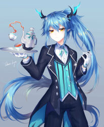 Rule 34 | 1boy, absurdres, alternate costume, artist name, black coat, black pants, blue background, blue hair, blue necktie, blue vest, bolo tie, butler, chinese commentary, coat, coattails, collared shirt, commentary request, cowboy shot, cup, denif (elsword), dragon boy, dragon horns, elsword, expressionless, fleur-de-lis, formal, gloves, hair between eyes, highres, holding, holding tray, horns, long hair, long sleeves, looking at viewer, male focus, necktie, open clothes, open coat, pants, parted lips, pinstripe pants, pinstripe pattern, pointy ears, ponytail, shirt, signature, simple background, slit pupils, solo, standing, striped clothes, striped pants, striped vest, takano jiyuu, teacup, teapot, trap, tray, vertical-striped clothes, vertical-striped pants, vertical-striped vest, very long hair, vest, white gloves, white shirt, wing collar, yellow eyes
