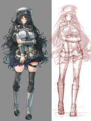 Rule 34 | 1girl, black hair, black thighhighs, boots, comparison, hat, hayama kazusa, highres, knee boots, lips, long hair, looking at viewer, military, military uniform, parted lips, pleated skirt, simple background, sketch, skirt, thigh strap, thighhighs, uniform, very long hair, yellow eyes, zettai ryouiki