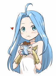 Rule 34 | 10s, 1girl, :t, ahoge, bare shoulders, blue eyes, blue hair, blush, bridal gauntlets, chocolate, choker, eating, fingerless gloves, gloves, granblue fantasy, heart, long hair, looking at viewer, lyria (granblue fantasy), matching hair/eyes, simple background, smile, solo, white background, zaxwu