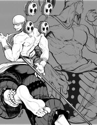 Rule 34 | 1boy, abs, absurdres, back, bandana, barefoot, bite mark, bracelet, cheek bulge, eating, enel, evil smile, eyelashes, feet, foot out of frame, from behind, highres, holding, holding polearm, holding weapon, jewelry, kyowo sukkesuke, large pectorals, leg up, long earlobes, looking at viewer, male focus, mature male, mitsudomoe (shape), multiple views, muscular, muscular male, nipples, one piece, pectorals, polearm, short hair, sideburns, smile, soles, stomach, toe ring, toes, tomoe (symbol), topless male, veins, veiny arms, weapon