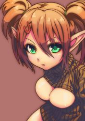 Rule 34 | 1girl, breasts, cleavage, cleavage cutout, clothing cutout, green eyes, hair ornament, hairclip, highres, looking at viewer, meme attire, open-chest sweater, orange hair, patty (pso2), phantasy star, phantasy star online 2, pink background, pointy ears, short hair, simple background, solo, sweater, turtleneck, twintails, wisespeak