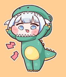 Rule 34 | :3, blue eyes, blue hair, blush, blush stickers, bulga, claw pose, cosplay, costume, dinosaur costume, dinosaur tail, fangs, gawr gura, hololive, hololive english, kigurumi, light blue hair, looking at viewer, open mouth, simple background, smile, solo, tail, virtual youtuber, yellow background