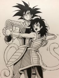 Rule 34 | 1boy, 1girl, :d, ^^^, armor, bardock, black eyes, black hair, black pantyhose, blush, commentary, couple, dancing, dragon ball, dragon ball minus, embarrassed, eyelashes, facial scar, feet out of frame, fingernails, gine, hand on another&#039;s back, happy, height difference, hetero, highres, interlocked fingers, looking away, monkey tail, muscular, open mouth, own hands clasped, own hands together, pantyhose, pectorals, scar, scar on cheek, scar on face, simple background, skirt, smile, spiked hair, standing, surprised, symbol-only commentary, tail, teeth, tongue, upper teeth only, white background, wristband, yse5959