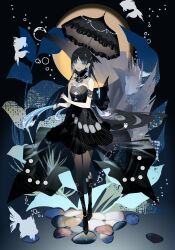 Rule 34 | 1girl, absurdres, air bubble, aurenthel (vtuber), bare shoulders, black dress, black hair, black pantyhose, black umbrella, blue eyes, blue hair, breasts, brooch, bubble, colored inner hair, detached collar, dress, fish, full body, grey footwear, highres, holding, holding umbrella, indie virtual youtuber, jewelry, kotarou (kot mochi), long hair, looking at viewer, multicolored hair, pantyhose, parted lips, see-through, see-through dress, shoes, small breasts, solo, strapless, strapless dress, umbrella, virtual youtuber