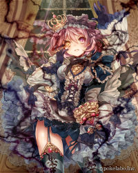 Rule 34 | 1girl, company name, crown, dress, earrings, eikou no guardian battle, frilled dress, frills, gloves, glowing, glowing eye, gothic lolita, heterochromia, highres, jewelry, light trail, lolita fashion, looking at viewer, madogawa, mini crown, no eyepatch, official art, pink hair, purple eyes, solo, striped clothes, striped thighhighs, thighhighs, yellow eyes