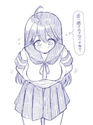 Rule 34 | 1girl, ahoge, blue theme, breast conscious, breast hold, breasts, commentary request, cowboy shot, kantai collection, large breasts, leaning forward, lineart, long hair, monochrome, pleated skirt, sailor collar, sailor shirt, school uniform, serafuku, shirt, skirt, solo, tatahai, thought bubble, translation request, ushio (kancolle)