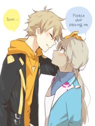 Rule 34 | 10s, 1boy, 1girl, androgynous, blanche (pokemon), blue eyes, blush, brown hair, dark skin, english text, closed eyes, gloves, height difference, highres, hood, hoodie, jacket, jewelry, kkyan (kken666), necklace, open clothes, open jacket, orange gloves, headpat, pokemon, pokemon go, ponytail, profile, silver hair, spark (pokemon), spiked hair