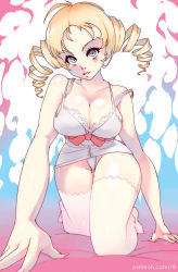 Rule 34 | 1girl, all fours, blonde hair, blue eyes, breasts, catherine, catherine (game), cleavage, collarbone, commentary, dress, drill hair, english commentary, gluteal fold, head tilt, highres, large breasts, long hair, looking at viewer, panties, parted lips, revision, rtil, smile, solo, strap slip, thigh gap, thighhighs, underwear, v-shaped eyebrows, white dress, white panties, white thighhighs