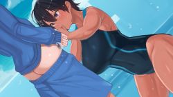 Rule 34 | 1boy, 1girl, ass, black hair, blush, breasts, cloud, competition swimsuit, fellatio, hair between eyes, handjob, highres, huge breasts, looking up, motion blur, natsuishi nana, one-piece swimsuit, oral, original, outdoors, pale skin, pussy juice, sky, swimsuit, tan, tomboy, wet