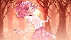 Rule 34 | 1girl, :d, absurdres, breasts, commentary, doki doki literature club, fang, foreshortening, forest, frilled skirt, frills, from side, hair ornament, hair ribbon, highres, looking at viewer, looking to the side, natsuki (doki doki literature club), nature, open mouth, outdoors, outstretched arms, pink eyes, pink hair, pink skirt, red ribbon, ribbon, shirt, short hair, short sleeves, skipping, skirt, small breasts, smile, solo, star (symbol), sunset, sushimassacre, swept bangs, tree, two side up, white shirt, x hair ornament
