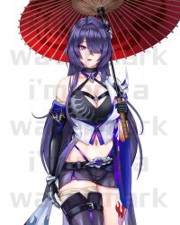 Rule 34 | 1girl, acheron (honkai: star rail), asymmetrical gloves, bandaged leg, bandages, black gloves, black shorts, breasts, cleavage, commentary, cowboy shot, crop top, elbow gloves, gloves, hair ornament, holding, holding umbrella, honkai: star rail, honkai (series), imrinzlergtz art, leg tattoo, long hair, looking at viewer, midriff, navel, parted lips, purple eyes, purple hair, red umbrella, short shorts, shorts, simple background, single bare shoulder, solo, standing, stomach, tattoo, thighs, umbrella, very long hair, white background