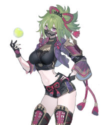 Rule 34 | 1girl, absurdres, apple, black shirt, black shorts, breasts, chinese commentary, commentary request, crop top, cropped jacket, echj, food, fruit, genshin impact, green apple, green hair, hand on own hip, hand up, highres, jacket, kuki shinobu, large breasts, looking at viewer, mask, midriff, mouth mask, navel, open clothes, open jacket, ponytail, purple eyes, purple jacket, shirt, short hair, short shorts, shorts, simple background, solo, stomach, thighhighs, thighs, white background