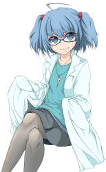 Rule 34 | 1girl, ahoge, bespectacled, black-framed eyewear, black pantyhose, black skirt, blouse, blue eyes, blue hair, blue shirt, contemporary, crossed legs, glasses, grin, hair bobbles, hair ornament, hayate-s, highres, jewelry, kawashiro nitori, key, lab coat, looking at viewer, matching hair/eyes, necklace, pantyhose, see-through, see-through legwear, shirt, sitting, skirt, sleeves past wrists, smile, solo, touhou, two side up, white background