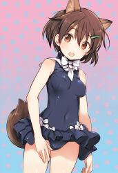 Rule 34 | 1girl, animal ear fluff, animal ears, bow, brave witches, brown eyes, brown hair, covered erect nipples, covered navel, hair ornament, hairclip, karibuchi hikari, looking at viewer, old school swimsuit, open mouth, school swimsuit, shimada fumikane, short hair, skirt, solo, squirrel ears, squirrel girl, squirrel tail, swimsuit, tail, world witches series