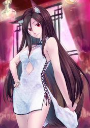 Rule 34 | 1girl, animal ear fluff, animal ears, argyle, argyle clothes, argyle cutout, bare shoulders, breasts, brown hair, china dress, chinese clothes, cleavage cutout, clothing cutout, commentary request, cowboy shot, dress, fingernails, hand on own hip, highres, imaizumi kagerou, indoors, long hair, looking at viewer, medium breasts, parted lips, red eyes, sharp fingernails, short dress, side-tie dress, side slit, sleeveless, solo, standing, tail, tenamaru, touhou, very long hair, white dress, wolf ears, wolf tail