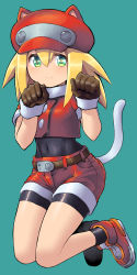 Rule 34 | 1girl, animal hat, belt, bike shorts, bike shorts under shorts, blonde hair, blue background, blush, brown gloves, cabbie hat, cat hat, cat tail, commentary request, covered navel, full body, gloves, green eyes, hair between eyes, hat, highres, m.m, mega man (series), mega man legends (series), paw pose, red footwear, red shorts, roll caskett (mega man), short sleeves, shorts, simple background, smile, tail