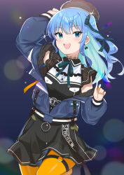 Rule 34 | 1girl, aotake iro, belt, beret, black hat, black skirt, blue coat, blue eyes, blue hair, blush, bow, bow earrings, breasts, choker, coat, commentary request, earrings, hair ribbon, hat, highres, hololive, hoshimachi suisei, hoshimachi suisei (streetwear), jewelry, lace, lace choker, long hair, long sleeves, looking at viewer, nail polish, off-shoulder coat, off shoulder, open clothes, open mouth, orange nails, orange pantyhose, pantyhose, ribbon, skirt, small breasts, smile, solo, thighhighs, virtual youtuber, winter clothes, winter coat