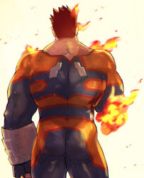 Rule 34 | 1boy, amputee, ass, blood, bodysuit, boku no hero academia, endeavor (boku no hero academia), feet out of frame, fire, fire, gauntlets, injury, male focus, manly, mature male, muscular, muscular male, red hair, sakanagi (dc saka), short hair, simple background, solo, spiked hair, thick arms, thick thighs, thighs, tight clothes
