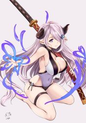 Rule 34 | 1girl, baicha, barefoot, black horns, blue eyes, breasts, cleavage, commentary request, covered navel, draph, granblue fantasy, hair over one eye, highres, horns, katana, large breasts, light purple hair, long hair, looking at viewer, narmaya (granblue fantasy), pointy ears, purple background, signature, simple background, sitting, sleeveless, solo, sword, very long hair, wariza, weapon