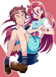 Rule 34 | 1boy, 1girl, aozora middle school uniform, aqua sailor collar, aqua skirt, black socks, brown footwear, brown hair, carrying, commentary, cropped torso, father and daughter, hachimaki, hair between eyes, headband, highres, loafers, long hair, looking at another, medium skirt, neckerchief, one eye closed, open mouth, outline, pleated skirt, precure, princess carry, purple eyes, red hair, red neckerchief, sailor collar, school uniform, serafuku, shirt, shoes, short hair, short sleeves, skirt, smile, socks, standing, sweatdrop, takizawa asuka, takizawa haruya, tropical-rouge! precure, usoco, very long hair, white outline, white shirt