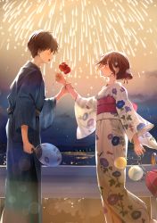 Rule 34 | 1boy, 1girl, blue eyes, blue kimono, blush, brown eyes, brown hair, candy apple, couple, eye contact, fireworks, floral print, flower, food, from side, hair flower, hair ornament, highres, holding, holding another&#039;s wrist, japanese clothes, kimono, long sleeves, looking at another, night, obi, original, print kimono, profile, rabbit hair ornament, sash, short hair, striped clothes, striped kimono, summer festival, vertical-striped clothes, vertical-striped kimono, white flower, white kimono, wide sleeves, yukata, yukimaru nun