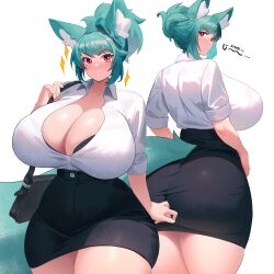 Rule 34 | 1girl, animal ears, aqua hair, ass, bag, black bra, black skirt, blush, bra, breasts, cleavage, commentary, commission, curvy, english commentary, english text, green ribbon, hair ribbon, haru feng, highres, huge ass, huge breasts, large tail, looking at viewer, looking back, office lady, original, red eyes, ribbon, second-party source, shirt, short hair, shoulder bag, skirt, smile, tail, thick thighs, thighs, underwear, white shirt, wide hips, wolf ears, wolf girl, wolf tail
