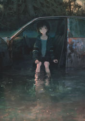 Rule 34 | 1girl, arm on knee, arm support, bare legs, black eyes, black hair, car, expressionless, highres, hood, hoodie, looking at viewer, motor vehicle, open clothes, open hoodie, original, outdoors, partially submerged, reflection, rust, scenery, sitting, solo, tagme, tokunaga akimasa