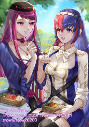 Rule 34 | 2girls, alear (female) (fire emblem), alear (fire emblem), alternate costume, bento, black choker, blue eyes, blue hair, braid, breasts, choker, cleavage, commentary request, commission, crossed bangs, crown braid, dress, feeding, female focus, fire emblem, fire emblem engage, garter straps, heterochromia, highres, holding bento, ivy (fire emblem), long hair, looking at another, matching hair/eyes, meadow, medium breasts, multicolored hair, multiple girls, nintendo, official alternate costume, open mouth, parted lips, purple dress, purple eyes, purple hair, red eyes, red hair, sitting, skeb commission, smile, snow20200, split-color hair, thighhighs, tiara, unfinished, very long hair, yuri