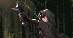 Rule 34 | 1girl, arknights, arrow (projectile), black gloves, black hair, bow (weapon), cloak, commentary request, fingerless gloves, gloves, green eyes, hair between eyes, highres, holding, holding bow (weapon), holding weapon, hood, hooded cloak, meteor (arknights), shijie jianfa, solo, upper body, weapon