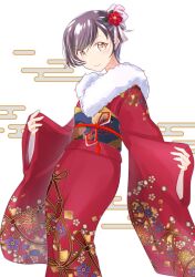 Rule 34 | 1girl, alternate costume, brown eyes, commentary request, feet out of frame, floral print, flower, fur-trimmed kimono, fur trim, hair flower, hair ornament, highres, japanese clothes, kantai collection, kimono, purple hair, red kimono, sakawa (kancolle), short hair, smile, solo, standing, tsukasa (tukasa br)