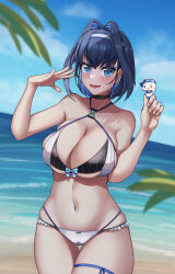 Rule 34 | 1girl, absurdres, airbo, beach, bikini, black choker, blue eyes, blue hair, blue headband, blue sky, blush, boros (ouro kronii), breasts, choker, cleavage, cloud, fangs, halterneck, headband, highres, hololive, hololive english, large breasts, looking at viewer, medium hair, navel, open mouth, ouro kronii, palm leaf, palm tree, sand, skin fangs, sky, smile, swimsuit, thigh strap, tree, two-tone headwear, virtual youtuber, water, white bikini, white headband