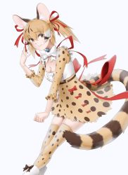 Rule 34 | 1girl, animal costume, animal ear fluff, animal ears, belt, boots, bow, bowtie, brown eyes, brown hair, cat ears, cat girl, cat tail, extra ears, highres, kemono friends, kemono friends v project, kneehighs, large-spotted genet (kemono friends), long hair, looking at viewer, losmal indicus, microphone, multicolored hair, ribbon, shirt, simple background, skirt, socks, solo, suspenders, tail, twintails, virtual youtuber