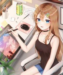 Rule 34 | 1girl, airpods, black choker, black tank top, blue eyes, blue shorts, blush, breasts, brown hair, chair, choker, commentary request, drawing tablet, from above, glint, hair between eyes, hair ornament, hairclip, highres, holding, holding stylus, indoors, kes 0210, korean commentary, long hair, looking at viewer, mouse (computer), open mouth, original, short shorts, shorts, sitting, small breasts, solo, stylus, tank top, triangle hair ornament, wireless earphones