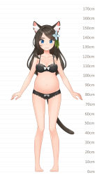 Rule 34 | 1girl, aina (mao lian), animal ear fluff, animal ears, arms at sides, bare arms, bare legs, bare shoulders, barefoot, blue eyes, bow, bow bra, bow panties, bra, breasts, brown bra, brown hair, brown panties, cat ears, cat tail, closed mouth, full body, height chart, highres, long hair, looking at viewer, mao lian (nekokao), medium breasts, navel, original, panties, pigeon-toed, pregnant, smile, solo, standing, tail, underwear, underwear only, white bow