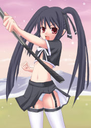 Rule 34 | black hair, clothes lift, garter straps, golf club, kooh, lingerie, long hair, midriff, pangya, panties, pantyshot, red eyes, skirt, skirt lift, striped clothes, striped panties, thighhighs, towamin, twintails, underwear, wind, wind lift