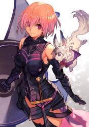 Rule 34 | 1girl, 1other, animal ears, armor, armored dress, armpits, bare shoulders, black dress, black thighhighs, breasts, cowboy shot, dress, eyes visible through hair, fate/grand order, fate (series), feet out of frame, fou (fate), gauntlets, gradient background, grey background, hair over one eye, holding, holding shield, hungry clicker, looking at viewer, mash kyrielight, medium breasts, pink hair, purple eyes, purple hair, shield, short hair, simple background, smile, sword, tail, thighhighs, weapon, white background