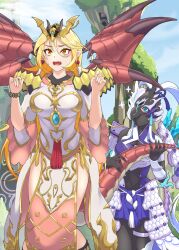 Rule 34 | 2girls, armor, armored dress, artist name, artist request, blonde hair, blue eyes, blush, bodysuit, breasts, dragon, dragon girl, dragon tail, dragon wings, full body, full body suit, grabbing, helmet, highres, large breasts, long hair, majesty maiden the true dracocaster, medium breasts, mountain, multiple girls, ornament, purple skirt, skirt, swordsoul of mo ye, tail, tail grab, thick thighs, thighhighs, thighs, white hair, wings, yellow eyes, yu-gi-oh!