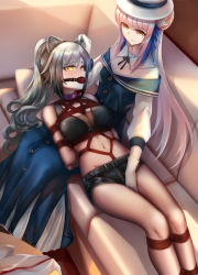 Rule 34 | 2girls, absurdres, animal ears, arknights, arms behind back, ball gag, bare shoulders, bdsm, black shorts, blue dress, blue feathers, bondage, bound, cat ears, ceylon (arknights), chinese commentary, commentary request, couch, crop top, dress, feather hair, feathers, feet out of frame, female focus, gag, gagged, highres, indoors, lanse dai mao, long hair, long sleeves, looking at another, lying, midriff, multiple girls, navel, on back, pink hair, rope, schwarz (arknights), shadow, shibari, short shorts, shorts, silver hair, sitting, sleeveless, smile, stomach, thighs, very long hair, white headwear, wiffle gag, yellow eyes