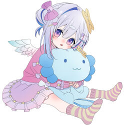 Rule 34 | 1girl, aged down, alternate costume, amane kanata, angel, angel wings, blue hair, blue wings, bow, child, feathered wings, frilled skirt, frills, full body, gradient wings, grey hair, hair bow, hair ornament, hairclip, halo, holding, holding stuffed toy, hololive, hugging object, long sleeves, looking at viewer, mini wings, mocha (snowflake), multicolored hair, multicolored wings, open mouth, pink bow, pink socks, pink sweater, purple eyes, purple skirt, short hair, sidelocks, simple background, single hair intake, sitting, skirt, socks, solo, star halo, streaked hair, striped clothes, striped socks, stuffed axolotl, stuffed toy, sweater, tachi-e, upao (amane kanata), virtual youtuber, white background, white wings, wings