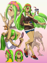 Rule 34 | 1girl, alien, armpits, bare legs, breasts, burger king, cellphone, collarbone, commentary, cup, drinking straw, earbuds, earphones, extra arms, extra eyes, fewer digits, full body, gradient background, green hair, hair ornament, hair scrunchie, hairband, half-life, half-life (series), hand mirror, highres, holding, holding cup, holding phone, jacket, long hair, looking at viewer, medium breasts, mirror, monster girl, multiple views, phone, pink background, red eyes, scrunchie, shoes, shorts, simple background, smartphone, smile, sneakers, solo, substance20, very long hair, vortigaunt, white background
