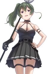 Rule 34 | 1girl, arm strap, armlet, black gloves, black shirt, black skirt, commentary, gloves, green hair, hand on own hip, highres, holding, holding polearm, holding weapon, open mouth, pleated skirt, polearm, purple eyes, shirt, side ponytail, simple background, single glove, skirt, solo, sousou no frieren, suspenders hanging, syagare, thigh strap, ubel (sousou no frieren), weapon, white background
