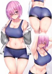 Rule 34 | 1girl, armpits, arms behind head, arms up, ass, bare shoulders, bike shorts, blue bra, blue gk, blue shorts, blush, bra, breasts, cleavage, fate/grand order, fate (series), glasses, grey jacket, hair over one eye, highres, hip focus, hood, hoodie, jacket, large breasts, light purple hair, looking at viewer, mash kyrielight, multiple views, navel, open clothes, open jacket, parted lips, purple eyes, short hair, shorts, simple background, sports bra, sweat, thighs, towel, underwear, white background