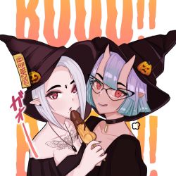 Rule 34 | black shirt, bug, choker, datli64, earrings, facial mark, fang, food, forehead mark, glasses, gradient hair, halloween costume, hat, horns, insect, jewelry, moth, multicolored hair, original, pointy ears, popsicle, pumpkin, purple hair, red eyes, shirt, tattoo, white hair, witch hat