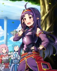 Rule 34 | 1girl, 3girls, ahoge, armor, asuna (sao-alo), bare shoulders, black gloves, blue eyes, blue hair, breastplate, breasts, cloud, cloudy sky, commentary request, day, detached sleeves, fingerless gloves, floating island, gauntlets, gloves, hair ornament, hairband, hairclip, highres, holiday (pangjelly), lisbeth (sao), long hair, multiple girls, open mouth, orange hairband, outdoors, pink eyes, pink hair, pointy ears, purple armor, purple hair, red eyes, short hair, sky, smile, sword art online, tree, very long hair, yuuki (sao)