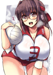 Rule 34 | 10s, 1girl, ball, bespectacled, breasts, breath, brown-framed eyewear, brown eyes, brown hair, cleavage, cowboy shot, elbow pads, girls und panzer, glasses, headband, holding, kondou taeko, large breasts, leaning forward, looking at viewer, open mouth, red headband, red shirt, red shorts, shinshin, shirt, short hair, short shorts, shorts, sketch, sleeveless, sleeveless shirt, smile, solo, sportswear, standing, sweat, twitter username, volleyball (object), volleyball uniform