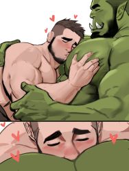 Rule 34 | 2boys, bara, beard, between pecs, between pectorals, blush, colored skin, completely nude, dopey (dopq), facial hair, fangs, fantasy, from side, grabbing, green skin, head between pecs, highres, interspecies, large pectorals, male focus, mature male, monster boy, multiple boys, muscular, muscular male, nude, orc, original, paid reward available, pectoral grab, pectoral pillow, pectoral press, pectorals, short hair, size difference, thick eyebrows, upper body, warrior, yaoi