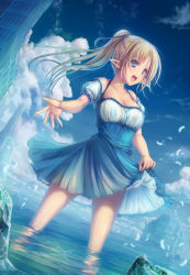 Rule 34 | 1girl, :d, blonde hair, blue dress, blue eyes, blue ribbon, blue sky, breasts, cleavage, cloud, collarbone, day, dress, dutch angle, feathers, from below, hair ribbon, high ponytail, highres, long hair, medium breasts, open mouth, original, outdoors, outstretched arm, pointy ears, ribbon, shiny skin, short dress, short sleeves, skirt hold, sky, smile, solo, standing, tenmaso, wading, water, white feathers