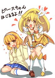 Rule 34 | 10s, 1girl, bike shorts, blonde hair, bow, cardigan, cure peace, dual persona, hair flaps, hairband, highres, kise yayoi, long hair, magical girl, nikke (cherish), precure, ribbon, shorts, shorts under skirt, skirt, smile precure!, translation request, v, white hairband, wide ponytail, yellow bow, yellow eyes, yellow shorts, yellow skirt, yellow theme