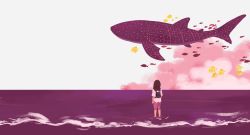 Rule 34 | 1girl, arm at side, backpack, bag, black hair, cloud, commentary, day, english commentary, fish, from behind, highres, limited palette, long hair, ocean, original, outdoors, pink shorts, pink theme, ripples, shirt, short sleeves, shorts, sky, solo, sooyun choi, standing, sunlight, wading, water, waves, whale, whale shark, white shirt, white sky